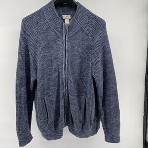 LLBean Waffle Knit Full Zip Sweater Jacket Men's Lg Reg. Blue Cardigan Cotton
